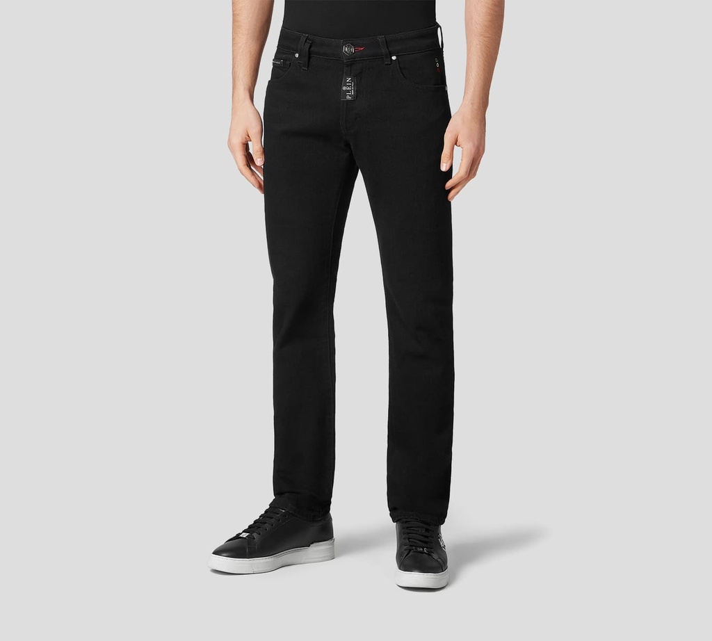 Philipp Plein - PANTALÓN VAQUERO SUPER STRAIGHT CUT PREMIUM JET NEGRO