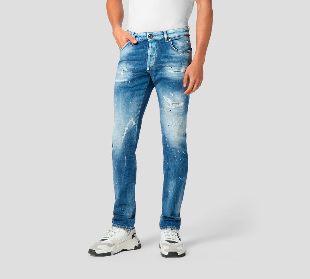 Philipp Plein - JEAN AZUL CON EMOJI DE CARITA AMARILLA BORDADO