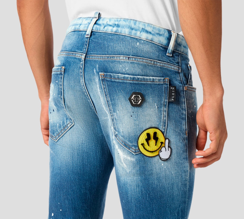 Philipp Plein - JEAN AZUL CON EMOJI DE CARITA AMARILLA BORDADO