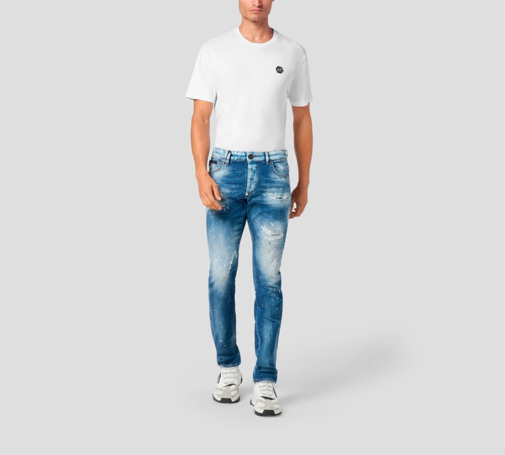 Philipp Plein - JEAN AZUL CON EMOJI DE CARITA AMARILLA BORDADO
