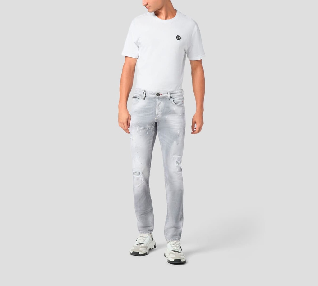 Philipp Plein - JEAN GRIS CON EMOJI DE FUEGO BORDADO