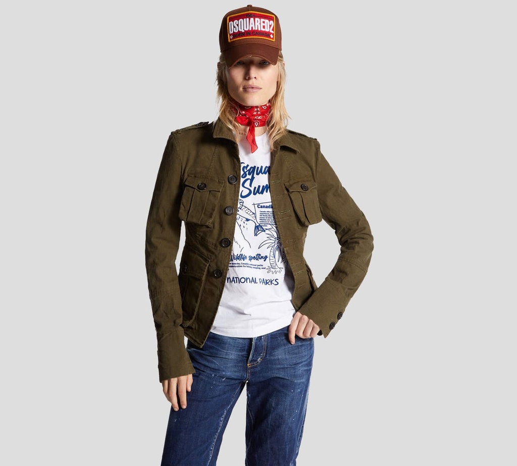 Dsquared2 - CHAQUETA CEÑIDA VERDE MILITAR ABOTONADA CON MULTIPLES BOLSILLOS