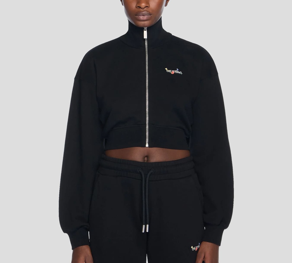 Off White - SWEATER NEGRO CORTE BOX CON CIERRE FRONTAL DE CUELLO ALTO Y ESTAMPADO DE FLORES