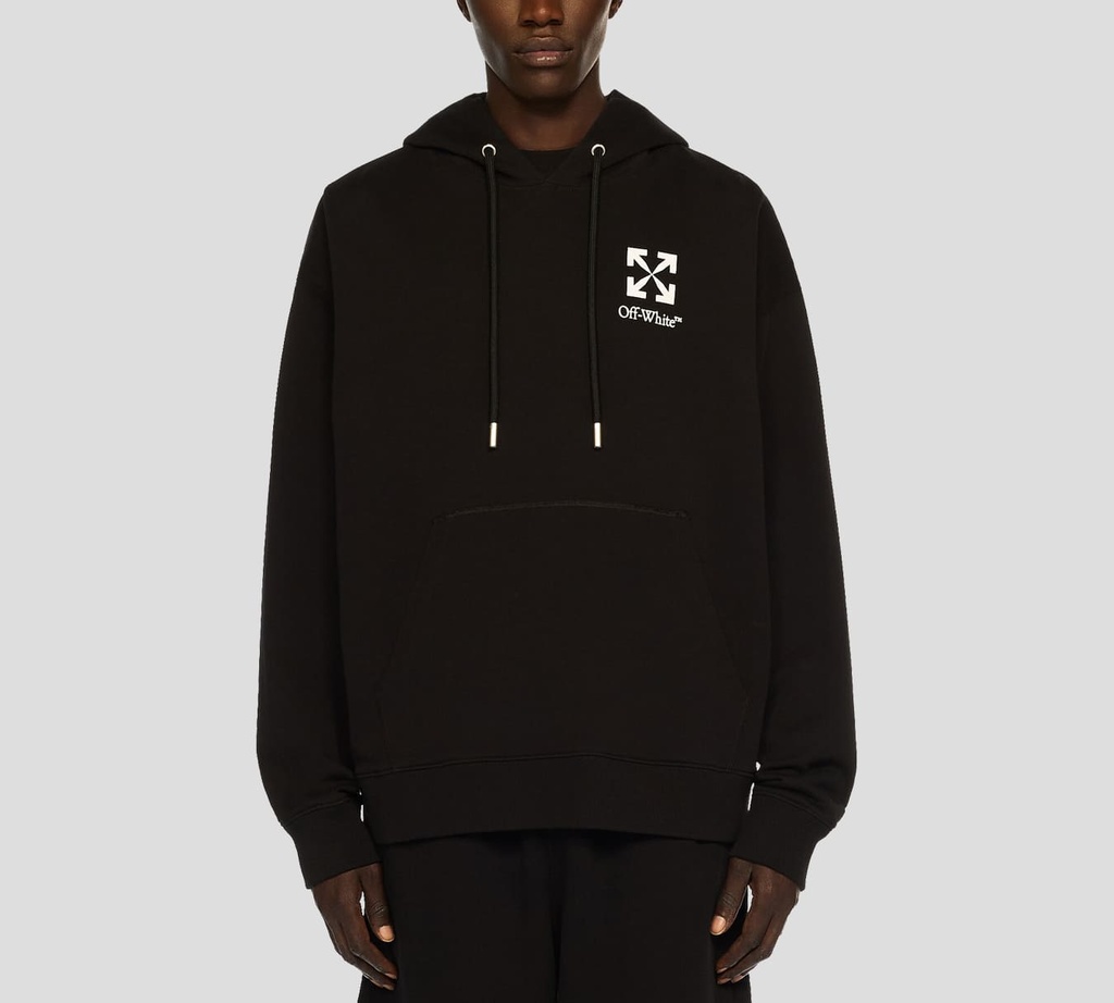 Off White - SWEATER HOODIE NEGRO CON LOGO ESTAMPADO SOBRE EL PECHO Y BOLSILLO FRONTAL