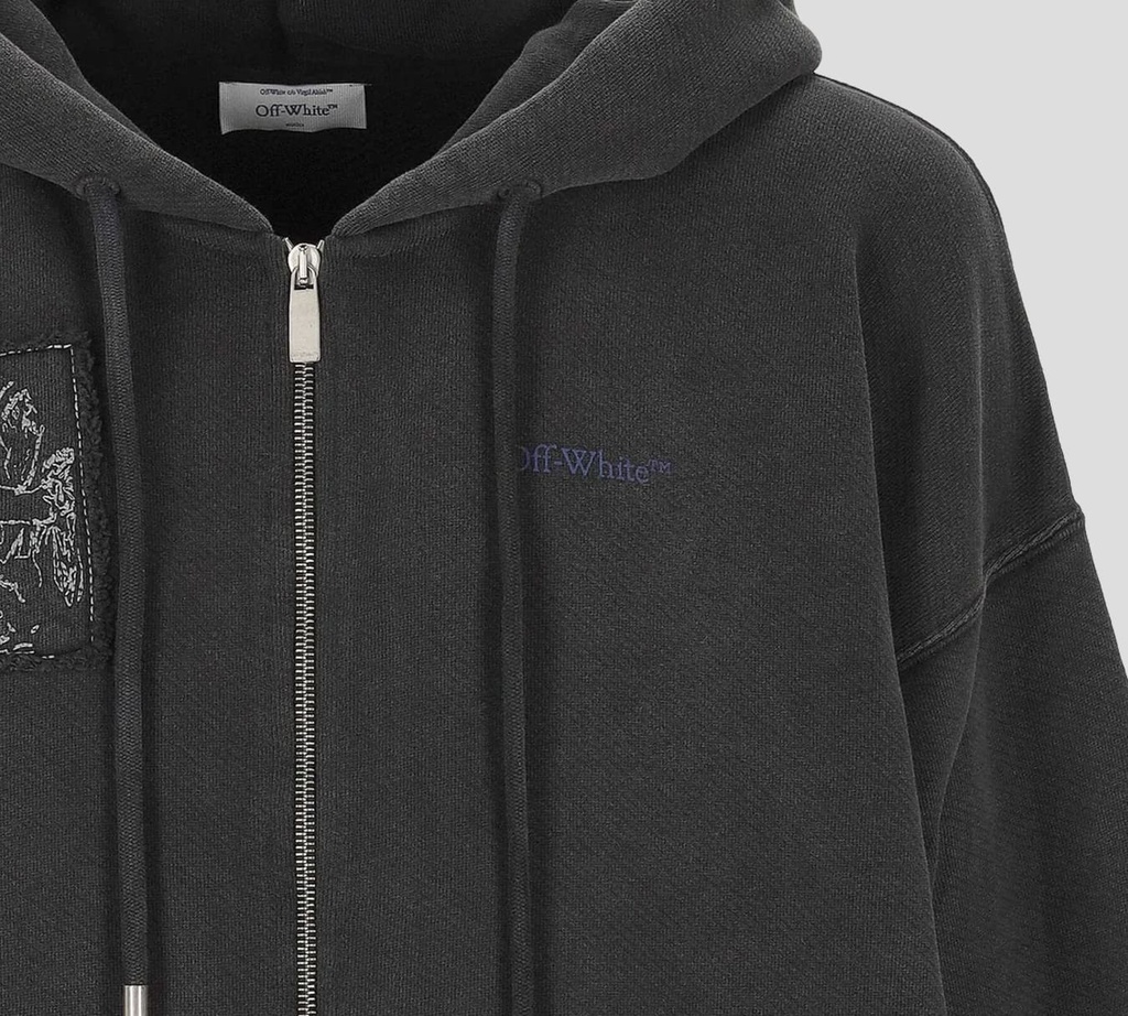 Off White - SWEATER HODDIE GRIS CON ESTAMPADO DE PINTURA BARROCA Y CIERRE FRONTAL