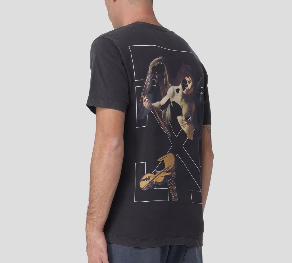 Off white - FRANELA NEGRA CUELLO REDONDO PRELAVADA CON ESTAMPADO DE VIOLIN Y ANGEL