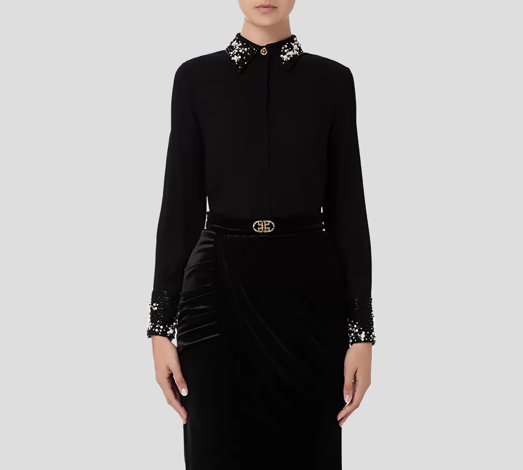 Elisabetta Franchi - BLUSA CON PEDRERIA EN CUELLO NEGRA