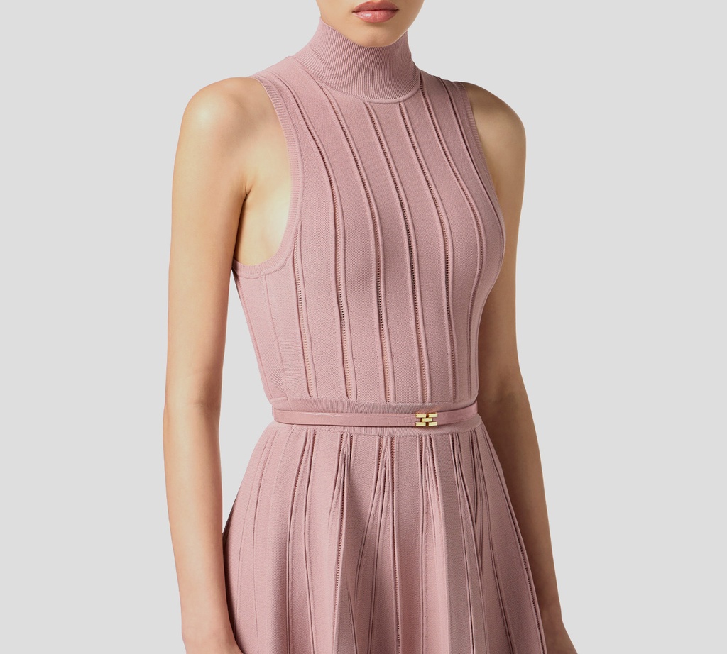 Elisabetta Franchi - VESTIDO MIDI CUELLO TORTUGA ROSA VIEJO CON CINTURON