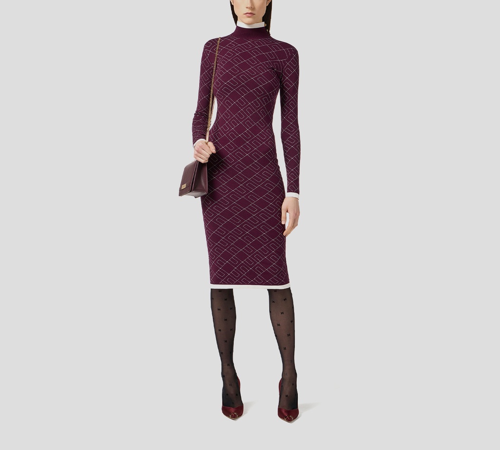 Elisabetta Franchi - VESTIDO MIDI MERLOT CON DETALLES EN BLANCO CON CUELLO ALTO