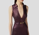 Elisabetta Franchi - VESTIDO MIDI MERLOT METALIZADO SIN MANGAS CUELLO EN V CON CORREA