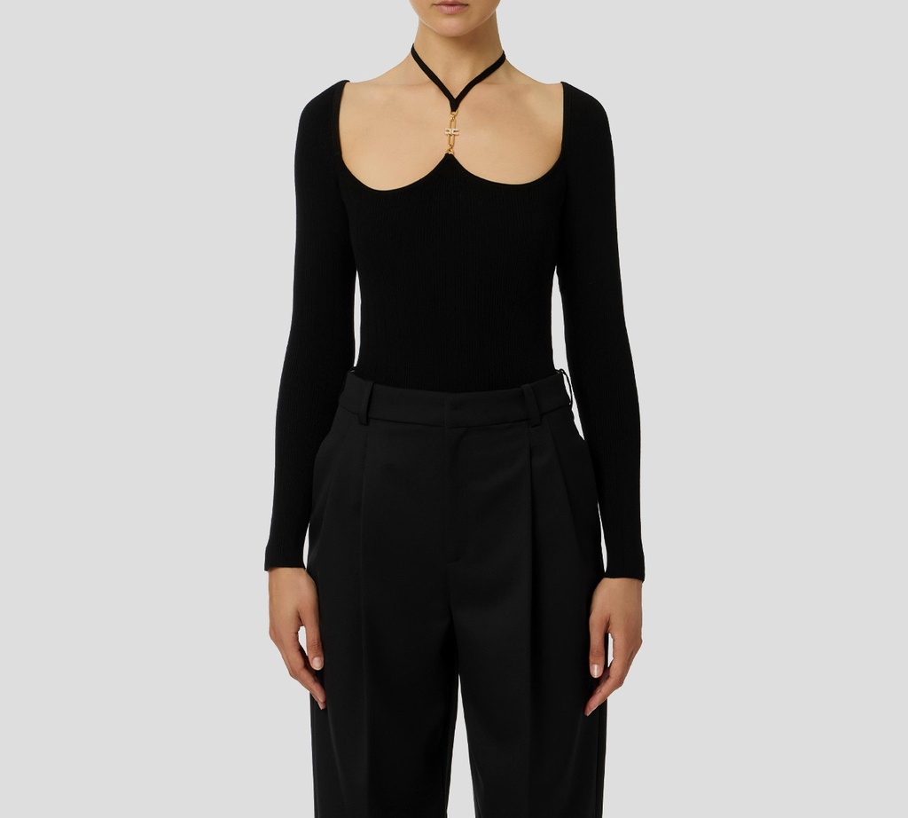 Elisabetta Franchi - BODY NEGRO MANGA LARGA CONDETALLE DORADO