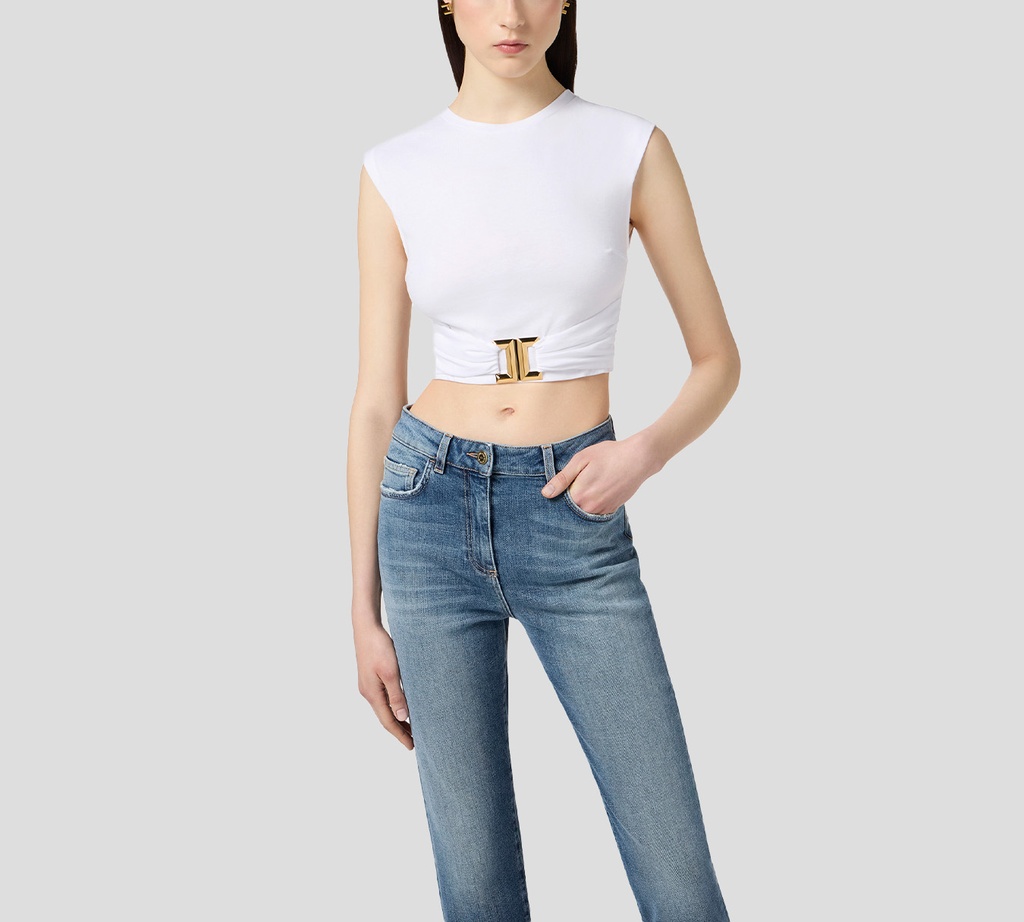 Elisabetta Franchi - BLUSA BLANCA SIN MANGAS CON BROCHE DORADO EN PARTE INFERIOR