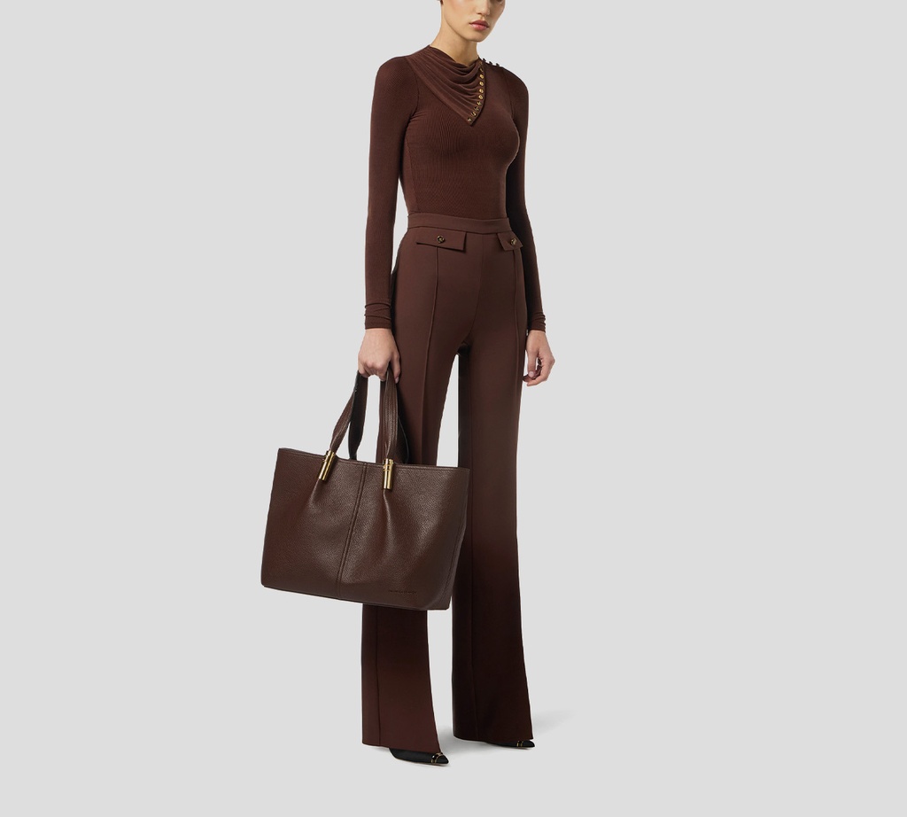 Elisabetta Franchi - PANTALON CAFÉ CON BOTONES DORADOS