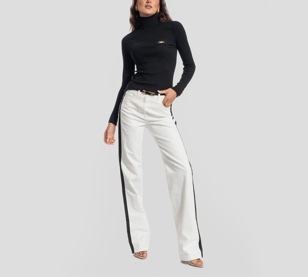 Elisabetta Franchi - JEAN BLANCO CON FRANJA LATERAL NEGRA Y CINTURON NEGRO