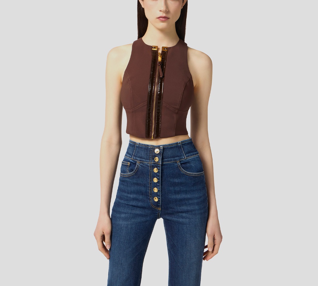 Elisabetta Franchi - TOP MARRON OSCURO CON CIERRE DORADO EN EL PECHO