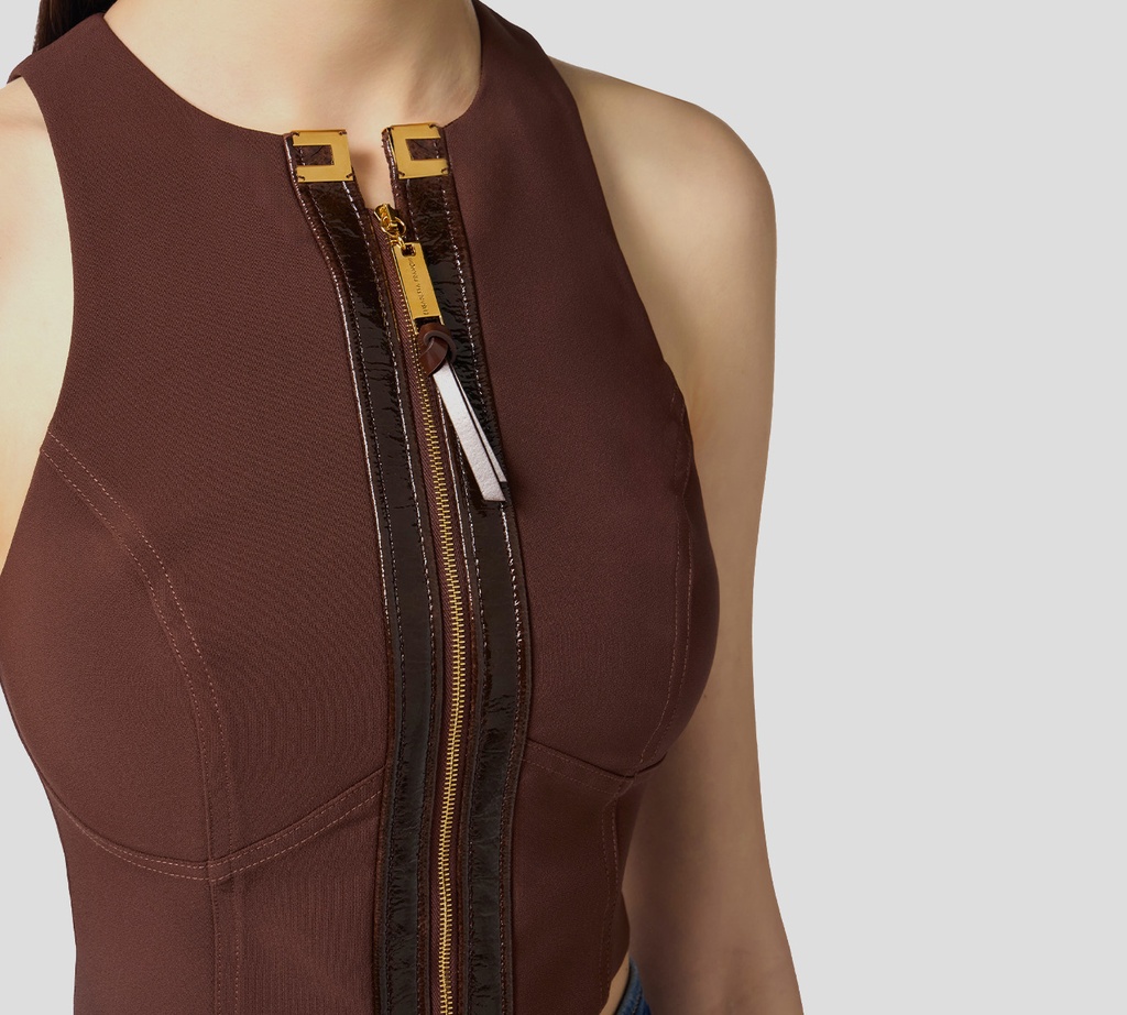 Elisabetta Franchi - TOP MARRON OSCURO CON CIERRE DORADO EN EL PECHO