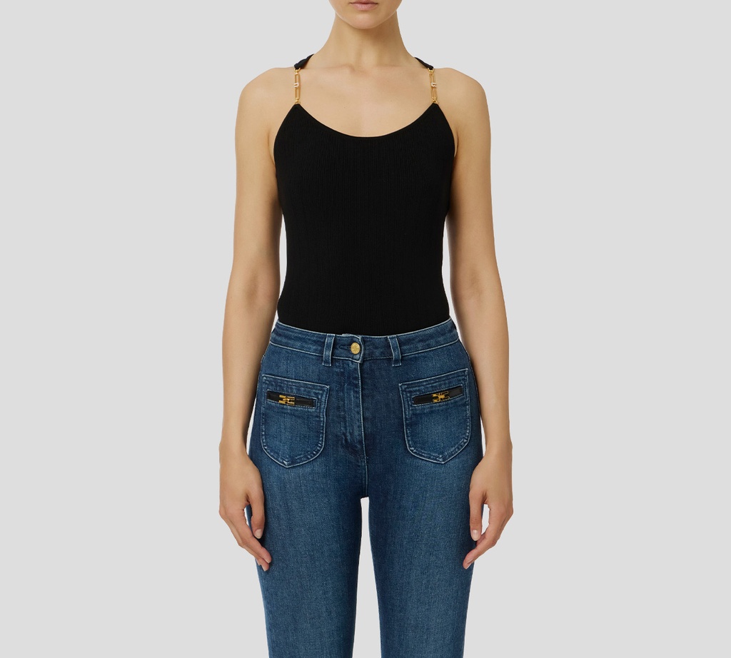 Elisabetta Franchi - TOP NEGRO ACANALADO CON DETALLES DORADOS EN TIRANTES