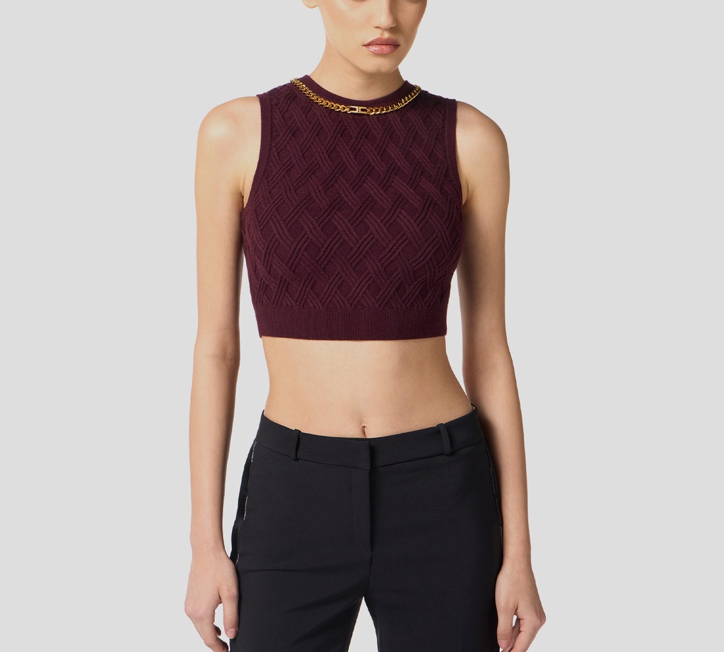 Elisabetta Franchi - CROPTOP MERLOT CON DETALLE DE CADENA EN CUELLO Y CIERRE
