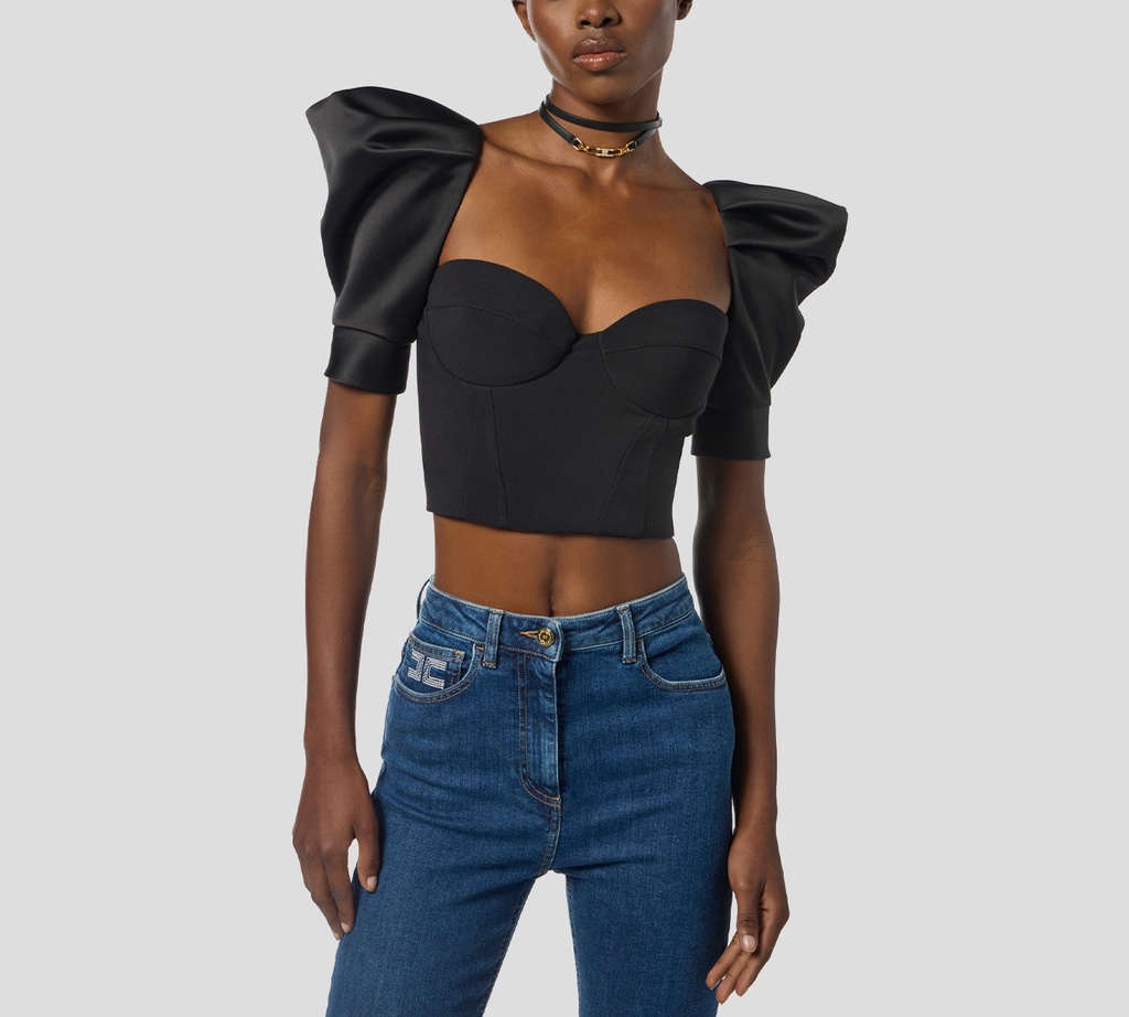 Elisabetta Franchi - TOP NEGRO DE POLIESTER Y HOMBRERAS