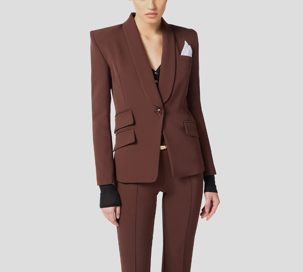Elisabetta Franchi - BLAZER CON PANTALON MARRON OSCURO Y PAÑUELO BLANCO
