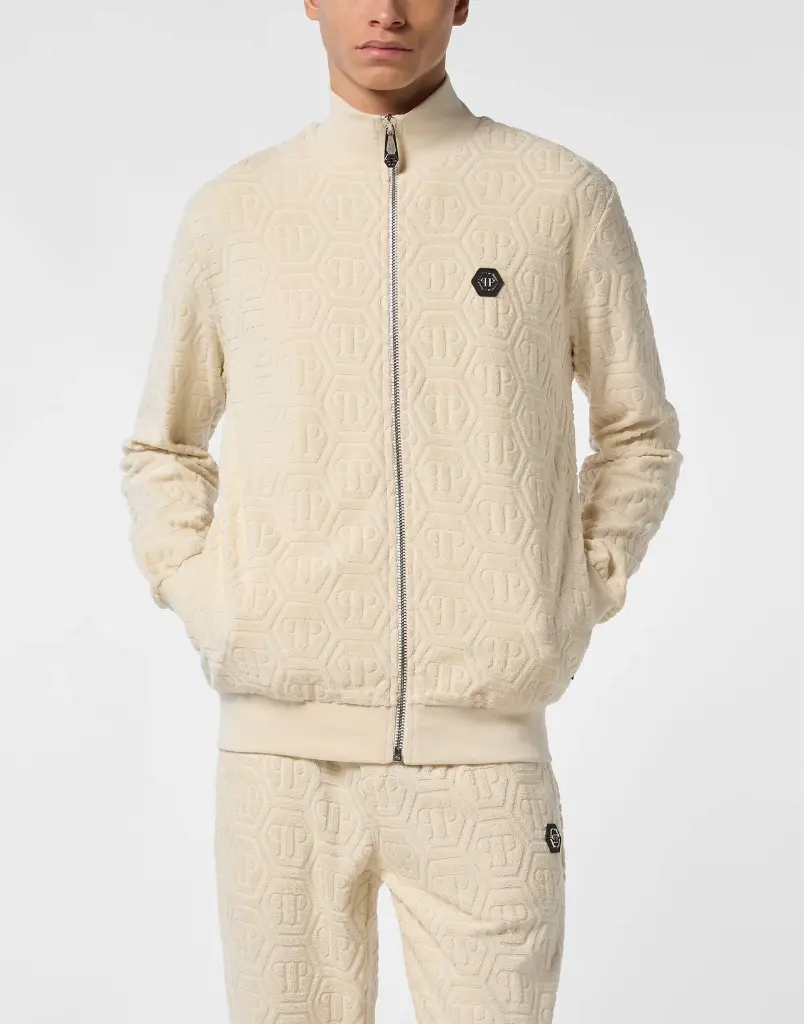 Philipp Plein - CHAQUETA BEIGE DE CHÁNDAL JACQUARD CON MONOGRAMA