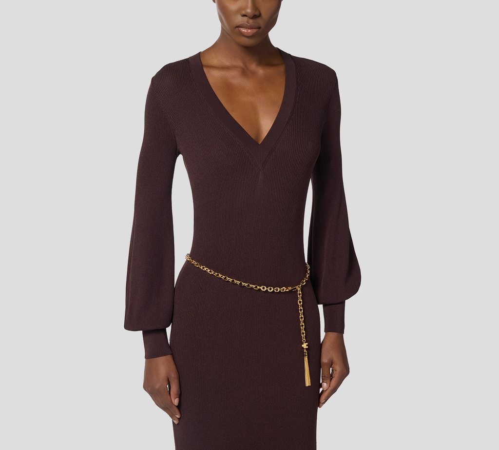 Elisabetta Franchi - VESTIDO MIDI MERLOT MANGA LARGA CUELLO EN V Y CADENA DORADA