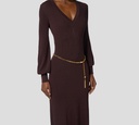 Elisabetta Franchi - VESTIDO MIDI MERLOT MANGA LARGA CUELLO EN V Y CADENA DORADA