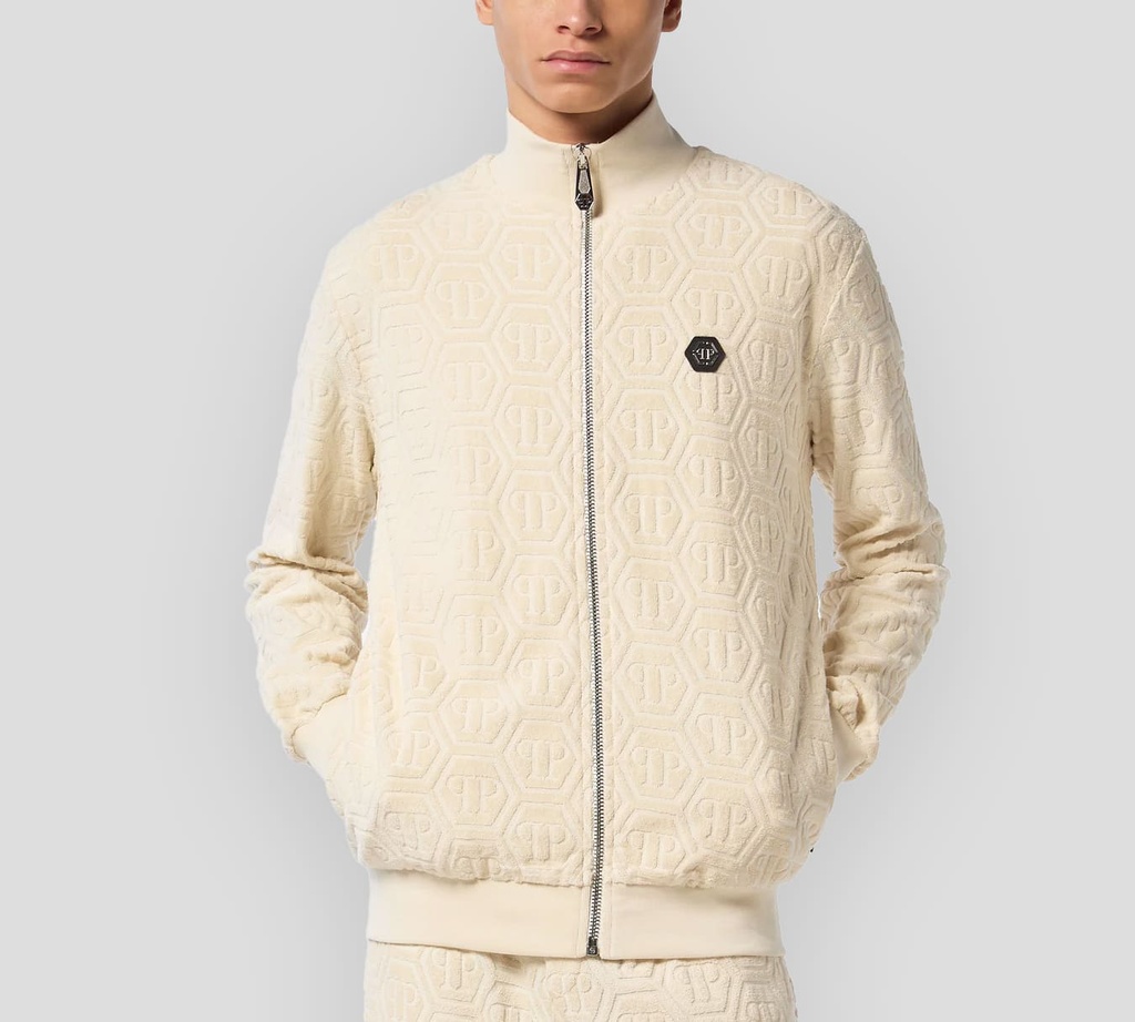Philipp Plein - CHAQUETA BEIGE DE CHÁNDAL JACQUARD CON MONOGRAMA