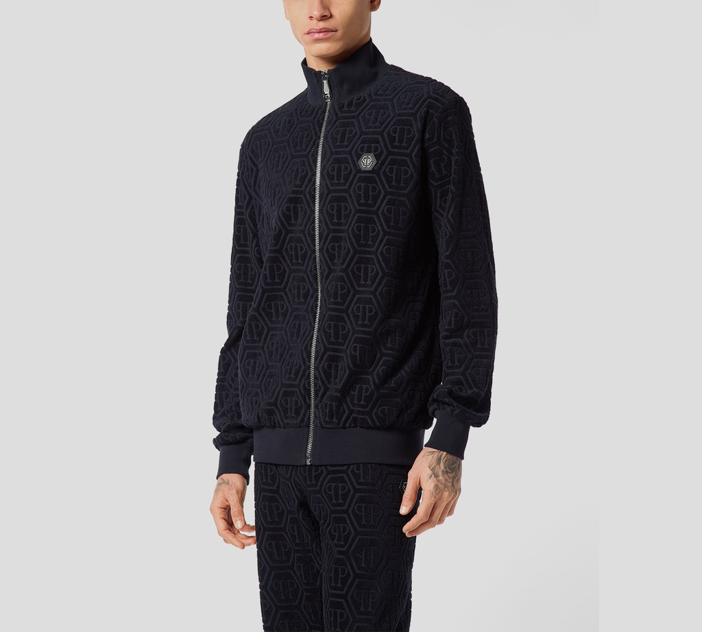 Philipp Plein - CHAQUETA AZUL OSCURO DE CHÁNDAL JACQUARD CON MONOGRAMA