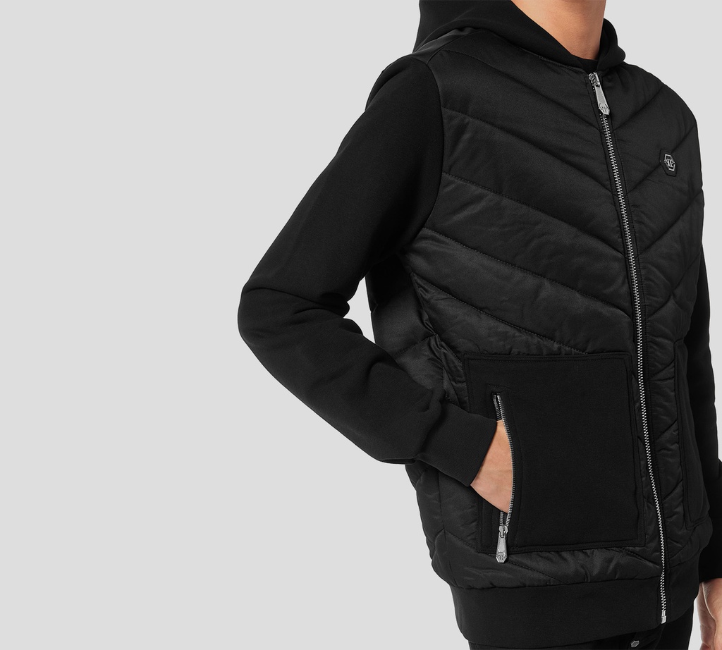 Philipp Plein - CHAQUETA AZUL OSCURO DEPORTIVA CON CAPUCHA DE NAILON Y FORRO POLAR CON INSERCIONES ACOLCHADAS