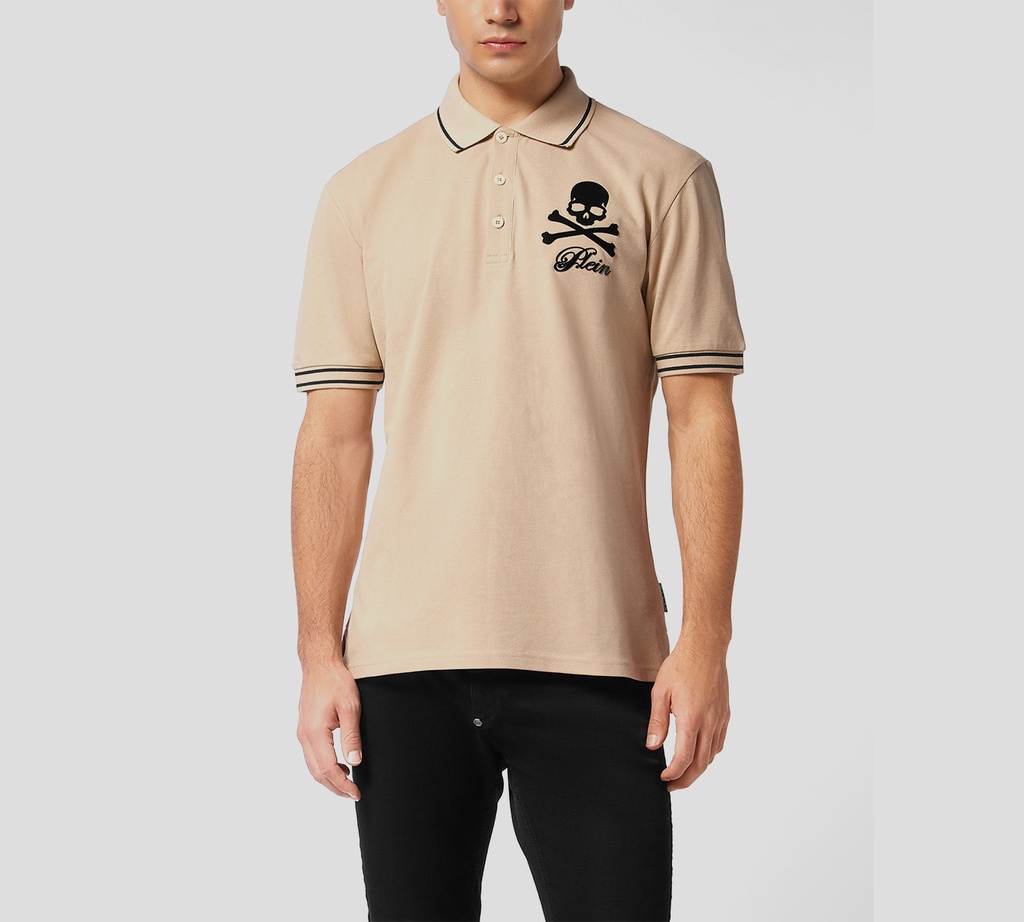 Philipp Plein - POLO BEIGE DE PIQUÉ CON CALAVERA Y HUESOS