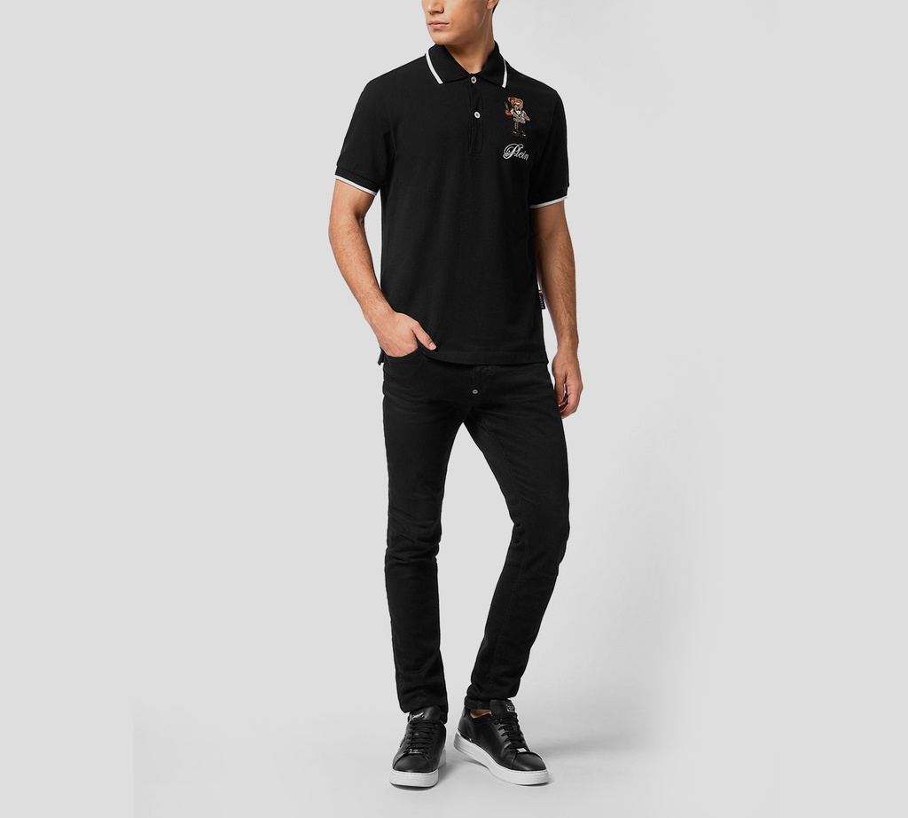 Philipp Plein - POLO NEGRA CON LINEAS BLANCAS TEDDY