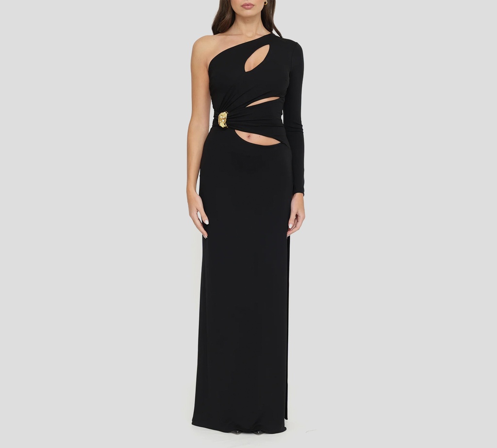 Elisabetta Franchi - VESTIDO NEGRO CON BROCHE DORADO Y HOMBRO DERECHO DESCUBIERTO