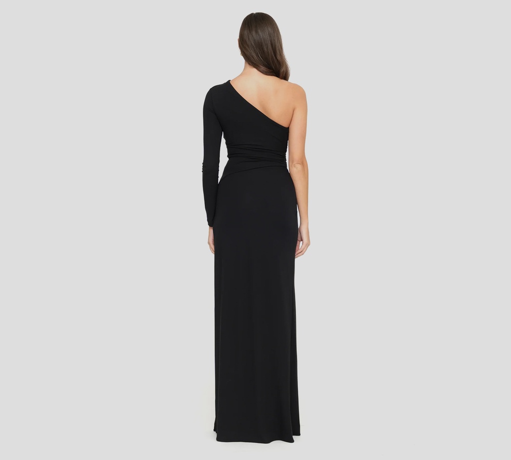 Elisabetta Franchi - VESTIDO NEGRO CON BROCHE DORADO Y HOMBRO DERECHO DESCUBIERTO