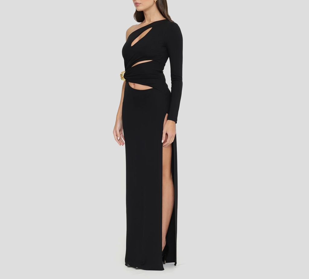 Elisabetta Franchi - VESTIDO NEGRO CON BROCHE DORADO Y HOMBRO DERECHO DESCUBIERTO