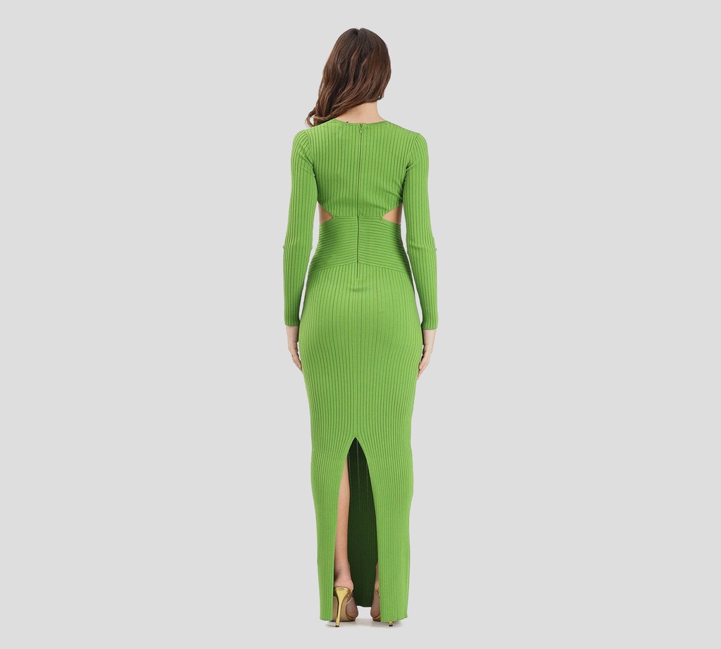 Elisabetta Franchi - VESTIDO VERDE ACANALADO MANGA LARGA CON DORADA EN EL CUELLO