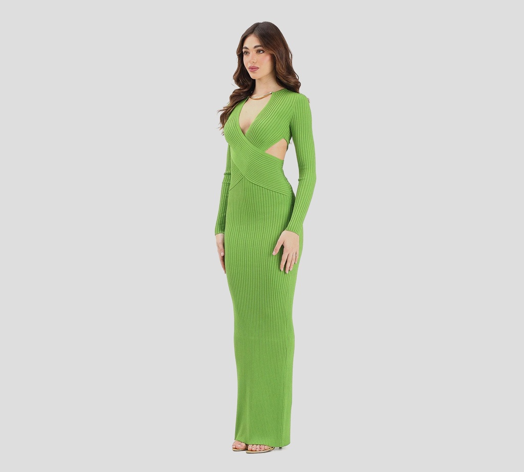 Elisabetta Franchi - VESTIDO VERDE ACANALADO MANGA LARGA CON DORADA EN EL CUELLO