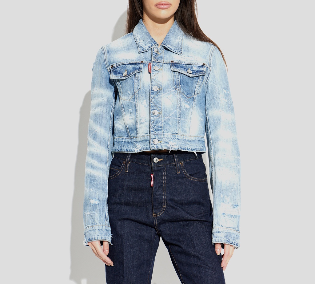 Dsquared2 - CHAQUETA DE JEAN CON ROTOS Y COSTURAS EN BLANCO
