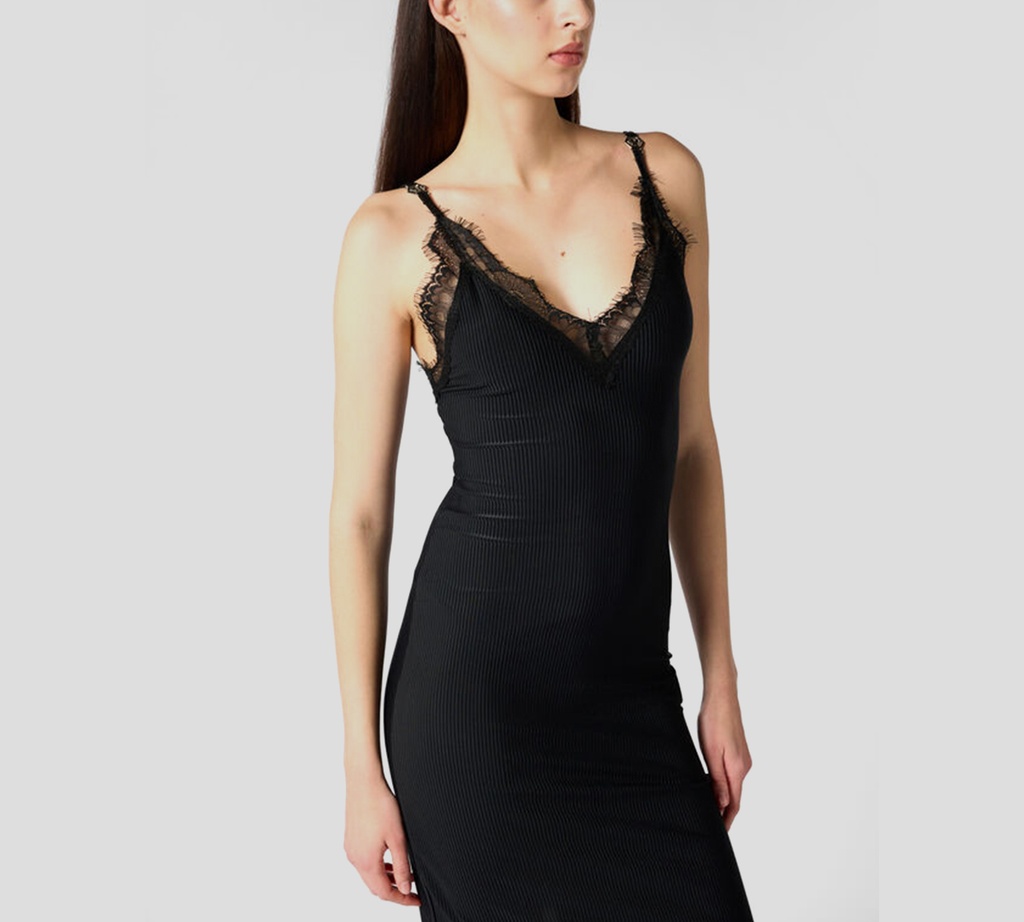 Philipp Plein - VESTIDO NEGRO CON FARALAO DE ENCAJE