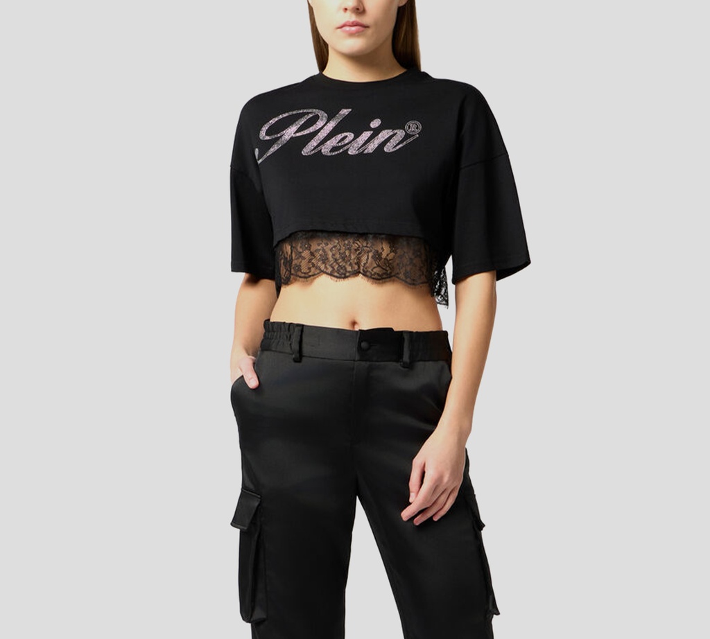 Philipp Plein - TOP NEGRO CON FARALAO DE ENCAJE