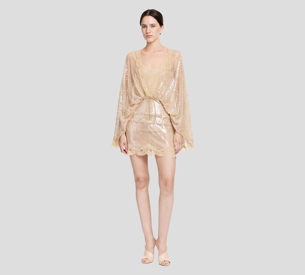 Elie Saab - VESTIDO CORTO DE MALLA CON LENTEJUELAS Y BORDE DE ENCAJE NUDE