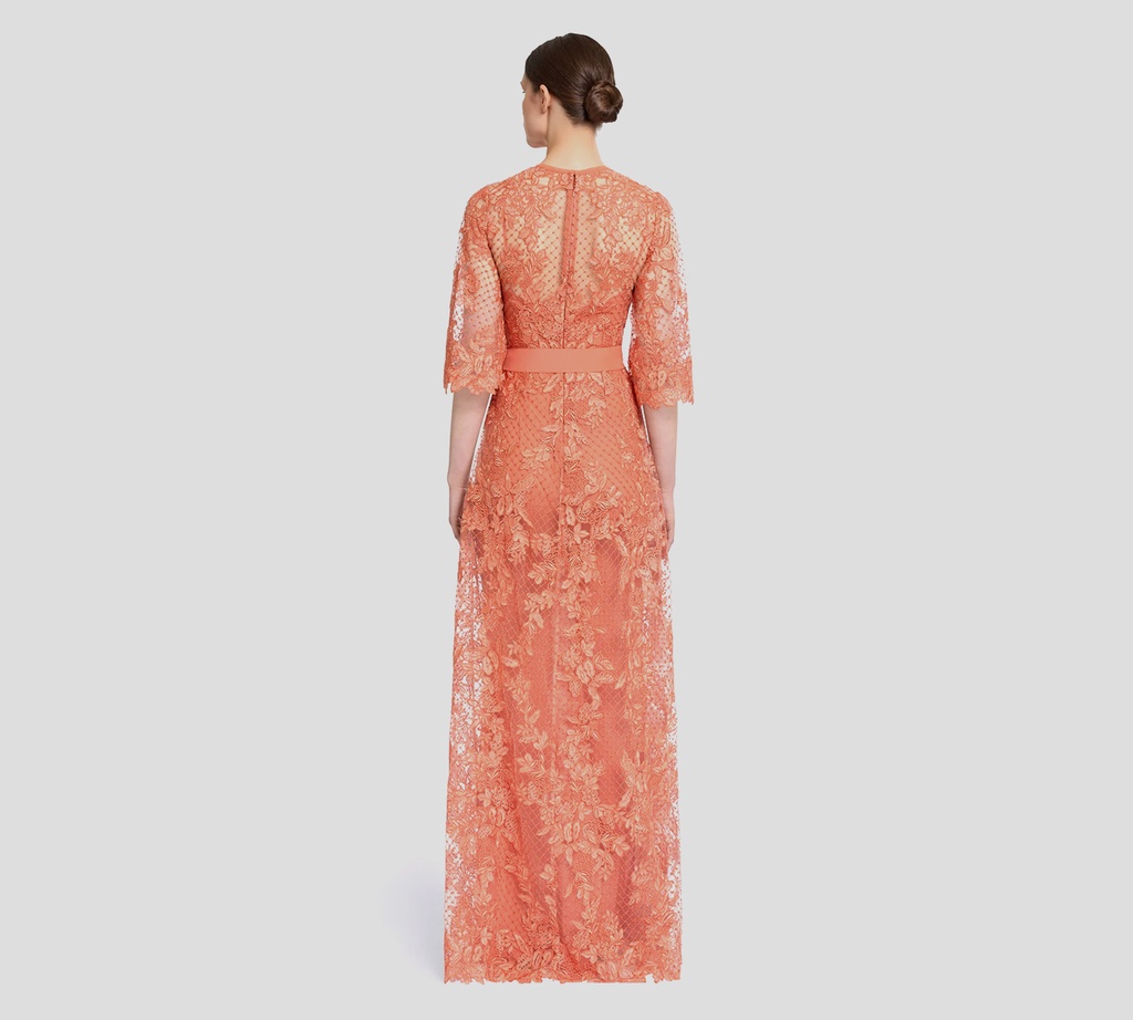 Elie Saab - VESTIDO LARGO BORDADO DE TUL Y ENCAJE COLOR CORAL ATARDECER
