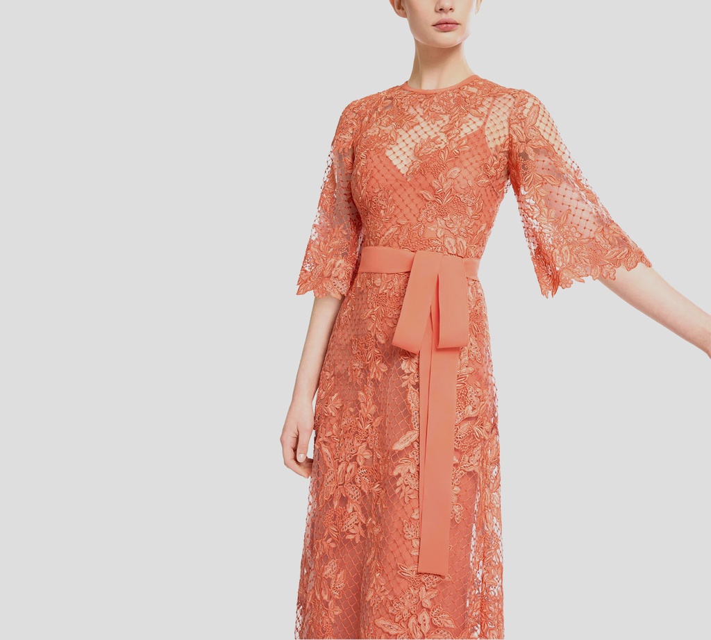 Elie Saab - VESTIDO LARGO BORDADO DE TUL Y ENCAJE COLOR CORAL ATARDECER