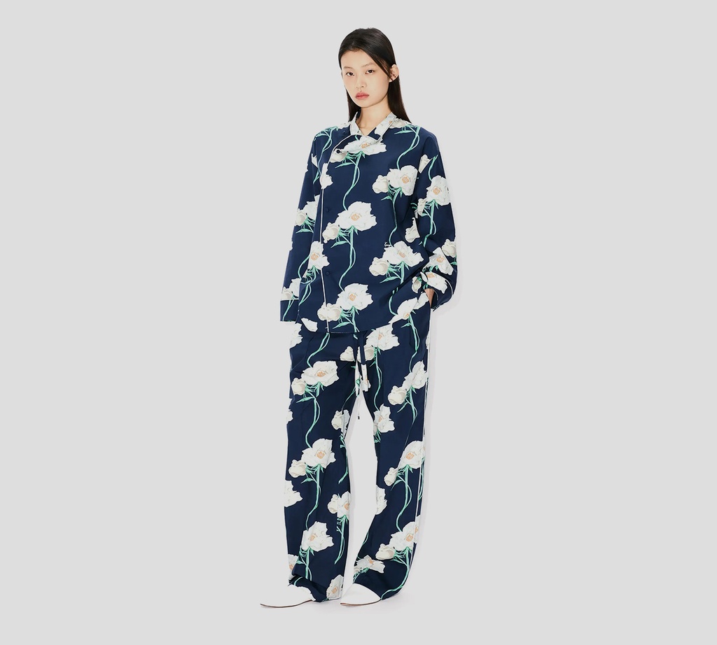 Kenzo - PANTALON ANCHO AZUL DE FLORES BLANCAS