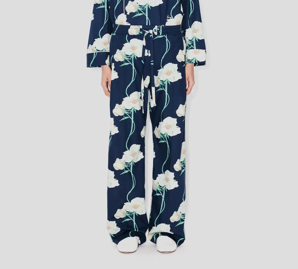 Kenzo - PANTALON ANCHO AZUL DE FLORES BLANCAS