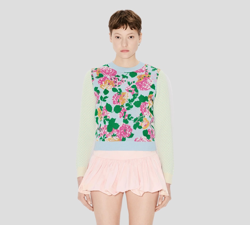 Kenzo - SWEATER AZUL CON BORDADOS EN FUCSIA, NARANJA Y VERDE
