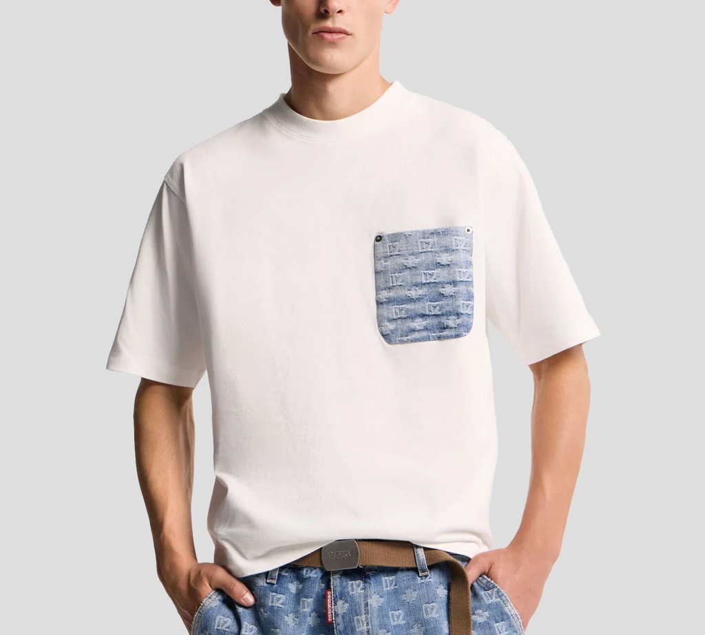 Dsquared2 - FRANELA BLANCA CUELLO REDONDO CON BOLSILLO DE JEANS