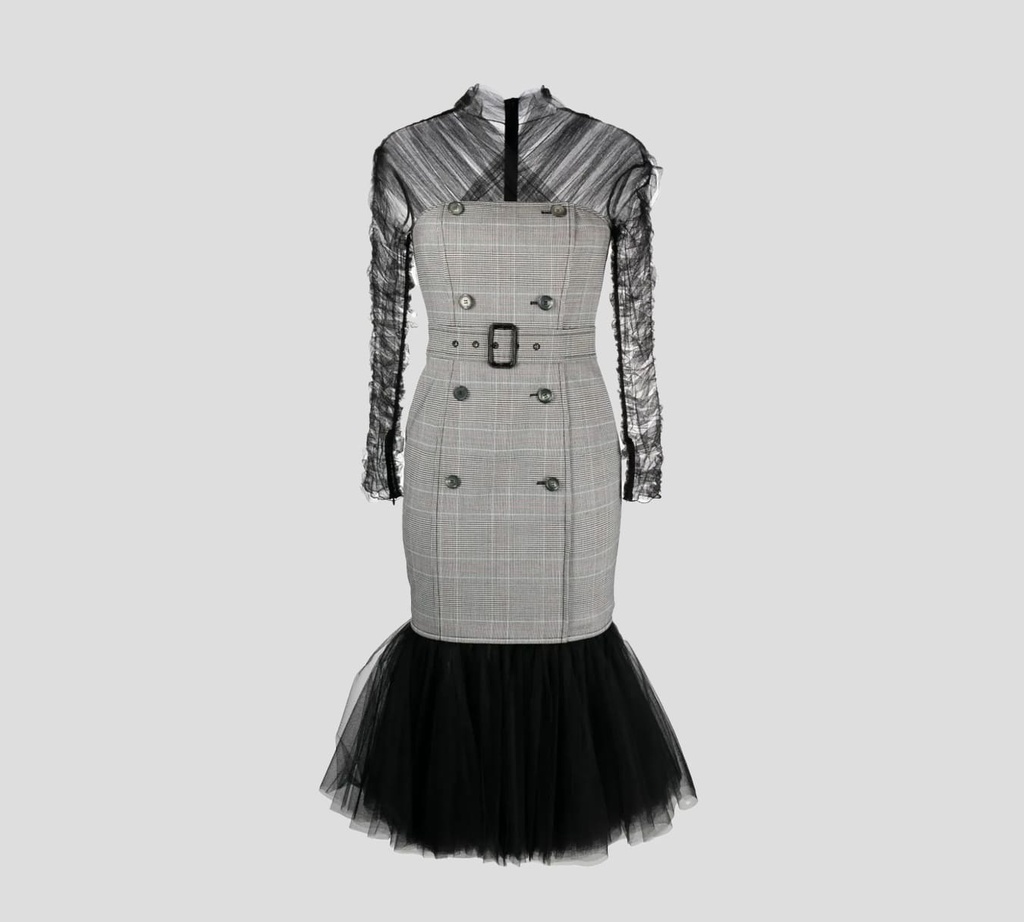 Moschino - VESTIDO EN TELA DE TUL Y CUADROS CON CINTURÓN