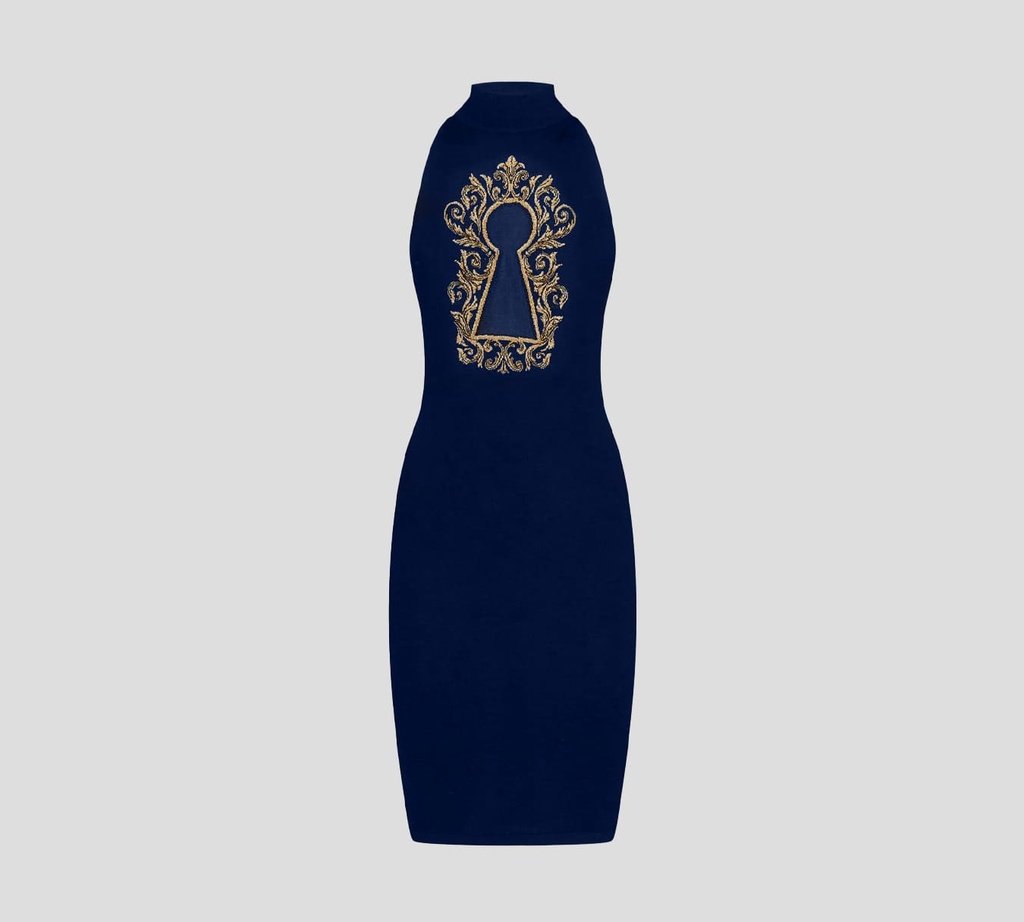 Moschino - VESTIDO DE PUNTO CON CUELLO ALTO Y DETALLE DE BORDADO SOBRE EL BUSTO