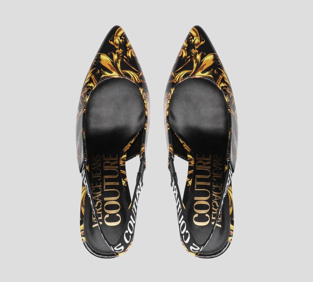 Versace Jeans Couture - STILETTO MULES PATENTES CON ESTAMPADO GARLAND Y BANDA ELÁSTICA AL TALÓN